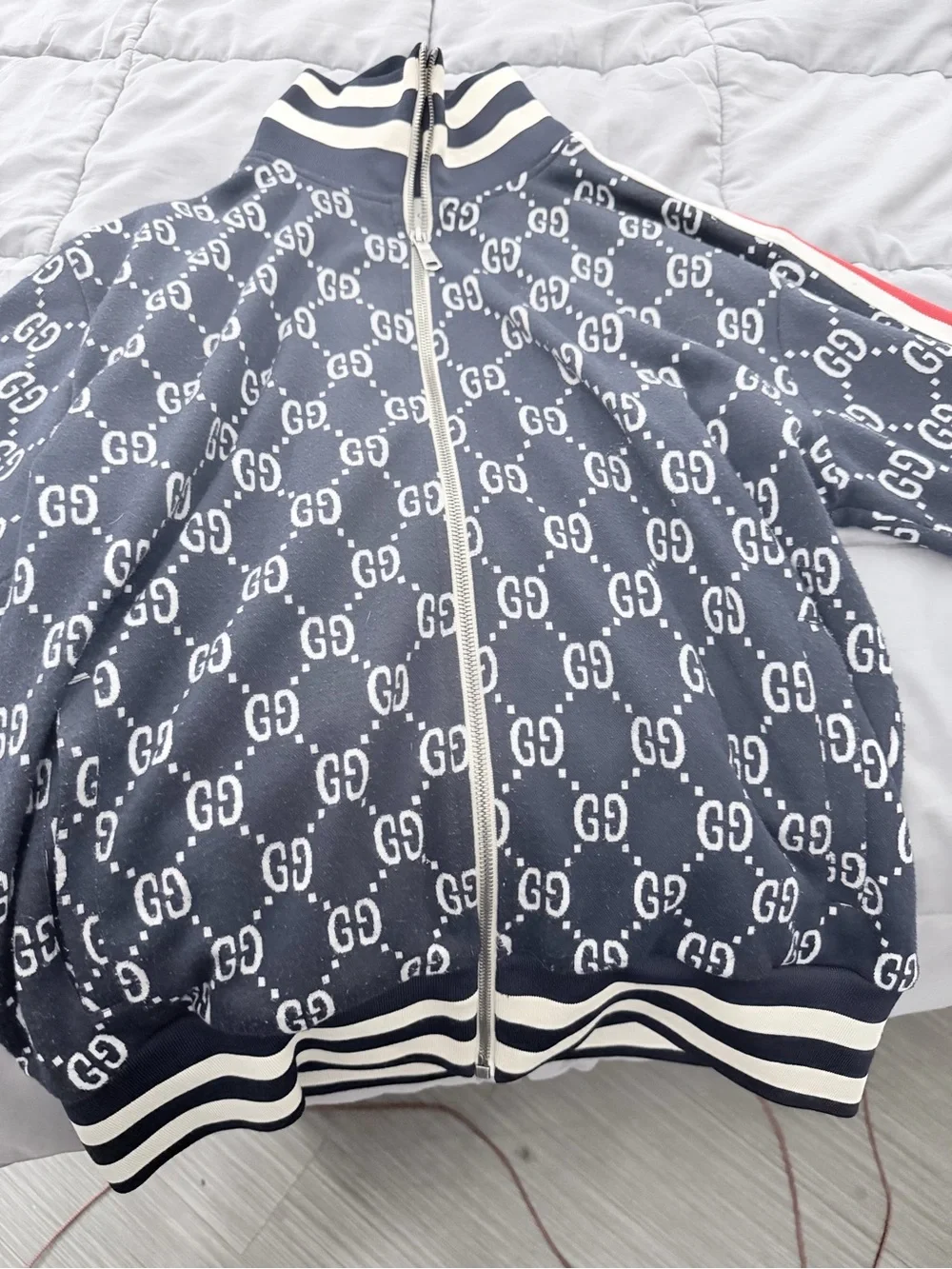 Gucci Navy and White GG Logo Knit Jumper with Red Stripe Accents